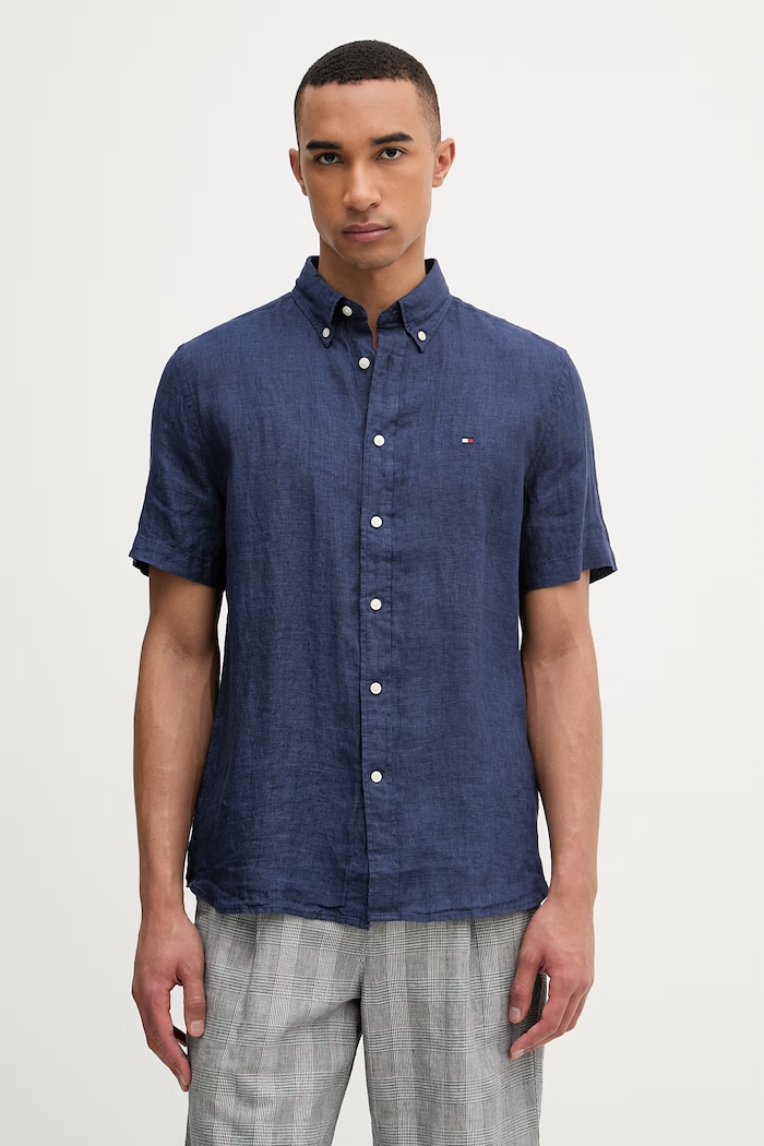 Tommy Hilfiger košeľa pánska ľanová tmavomodrá MW0MW41531
