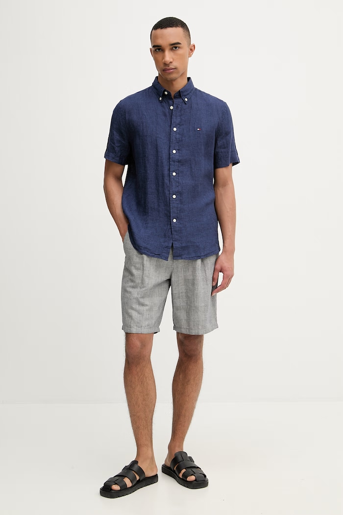 Tommy Hilfiger košeľa pánska ľanová MW0MW41531 tmavomodrá SS26