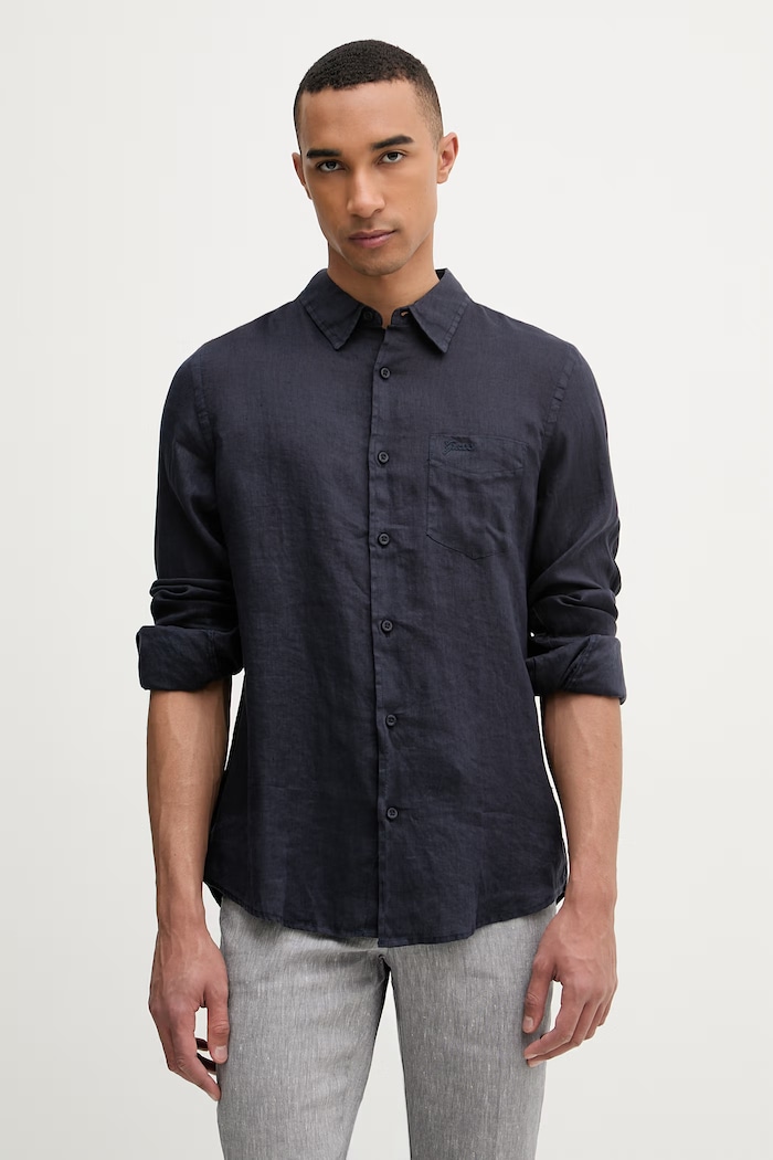 Guess cămașă pentru bărbați, din in bleumarin M6GH59.W1827