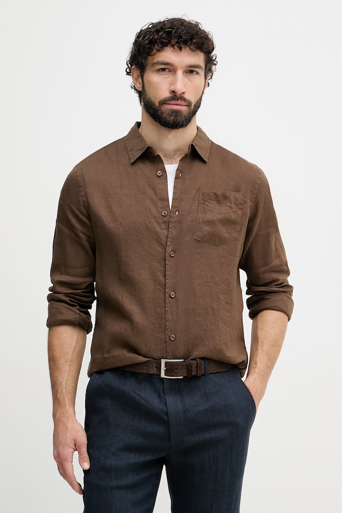 Guess cămașă pentru bărbați, din in maro M6GH59.W1827