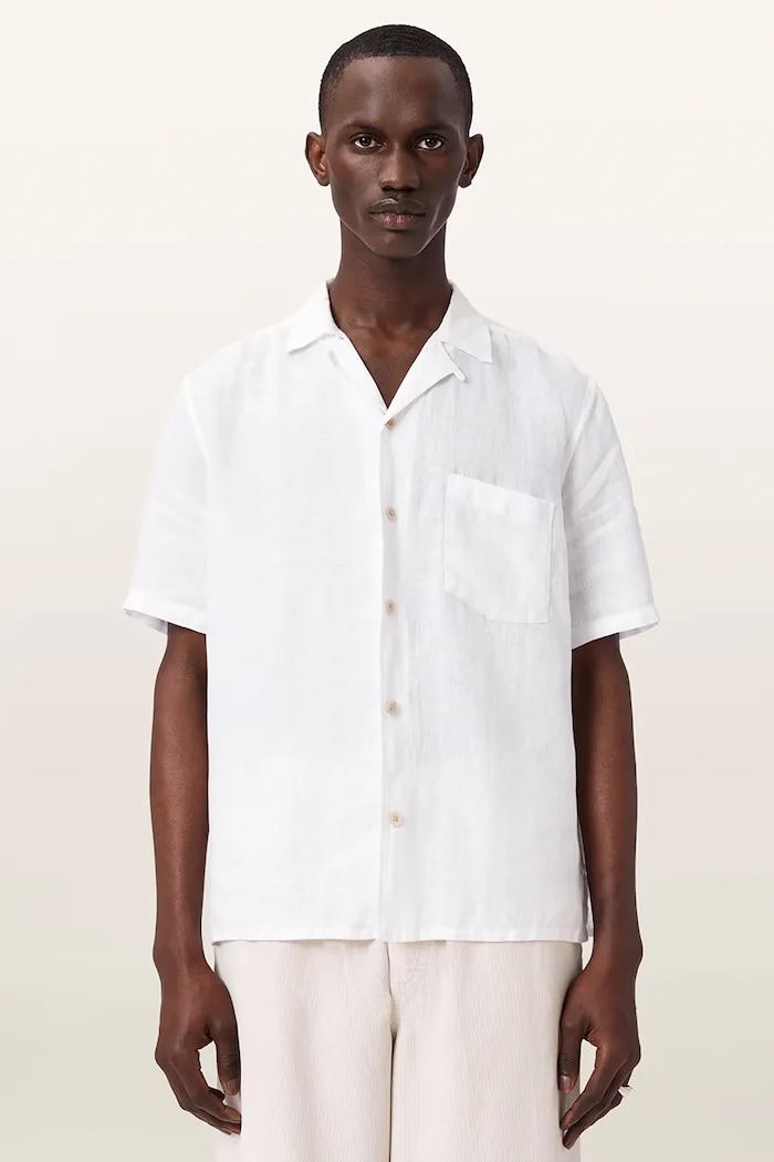 AllSaints риза мъжка от лен TRI M052SE бежов SS26