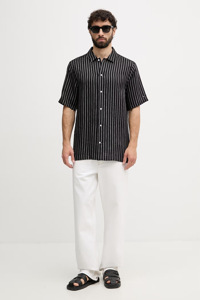 Tommy Hilfiger košeľa pánska s ľanom MW0MW42700 čierna SS26