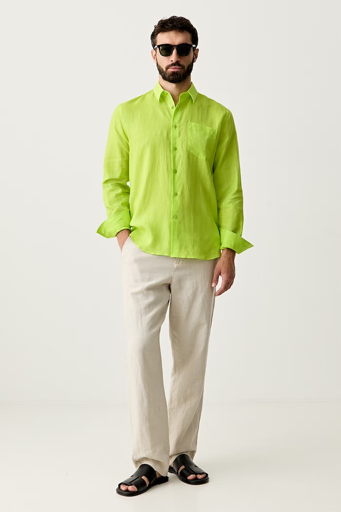 Vilebrequin camicia da uomo in lino CRSE3U01 verde SS26