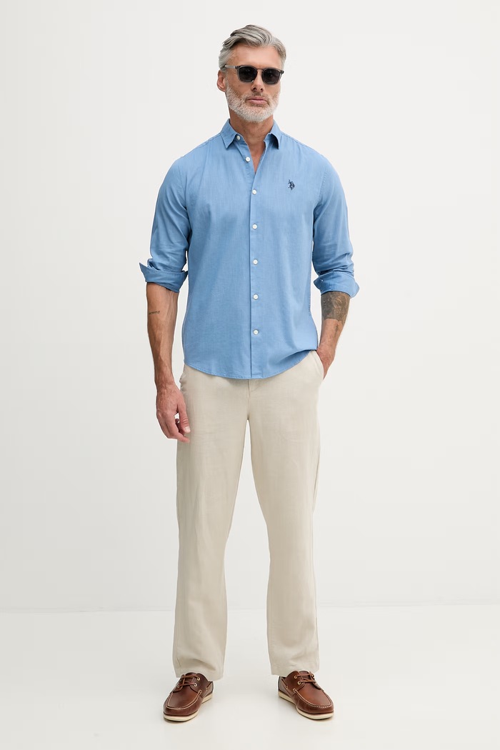 U.S. Polo Assn. košeľa pánska s bavlnou LINEN BLEND LS MUP3248. modrá SS26