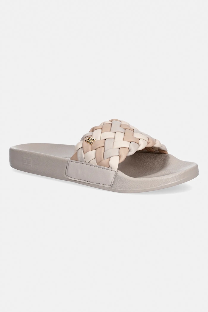 Šľapky Tommy Hilfiger TH CORNROW POOL SLIDE imitácia kože béžová FW0FW09039