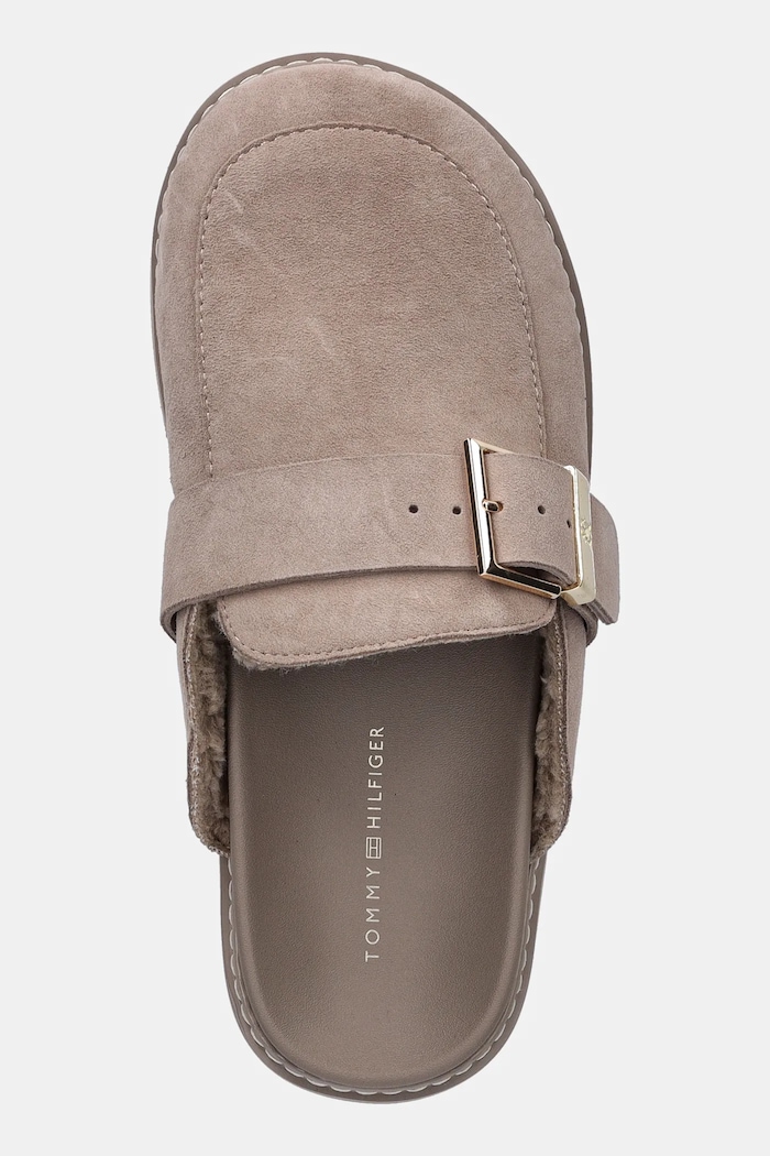 Tommy Hilfiger papuci din piele TH BUCKLE FUR SUEDE MULE bej FW0FW09083