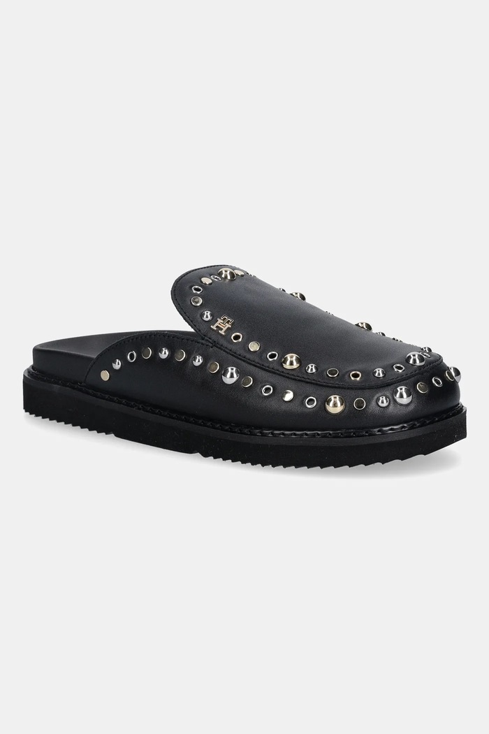 Šľapky Tommy Hilfiger TH EMBELLISHED PINS MULE usňová koža čierna FW0FW09166