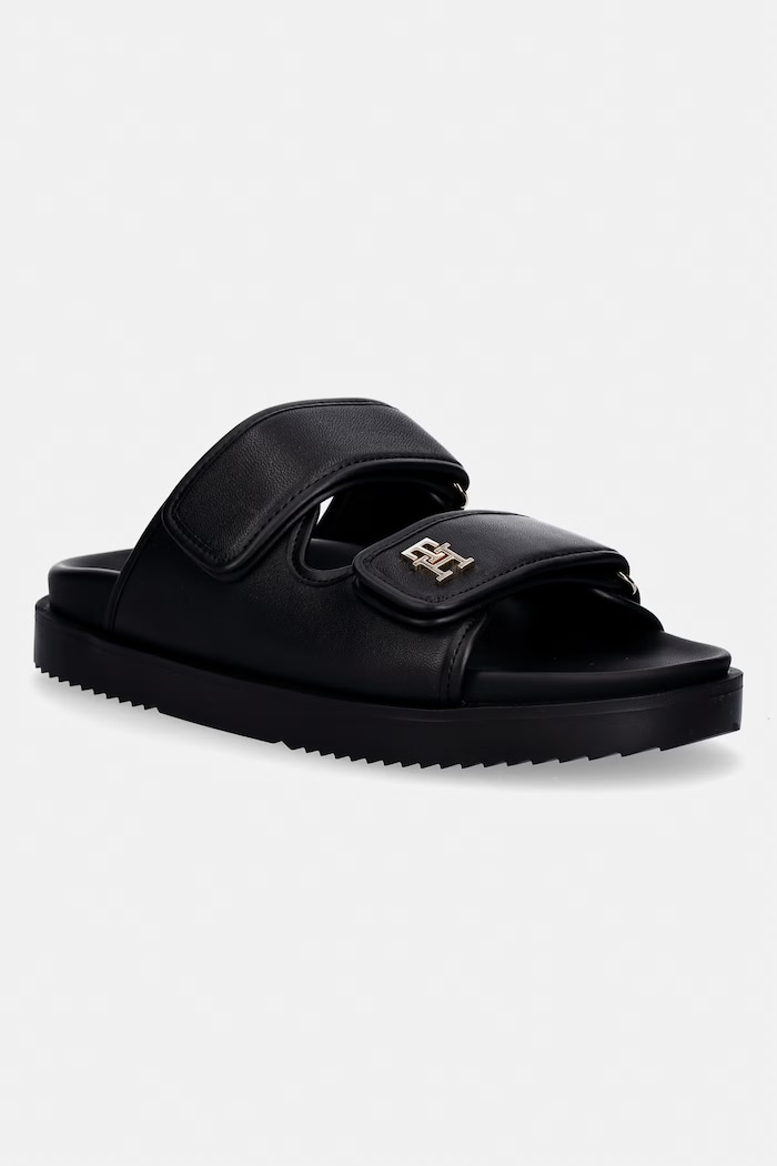 Tommy Hilfiger šľapky dámske kožené DOUBLE STRAP LEATHER SANDAL čierna FW0FW09121