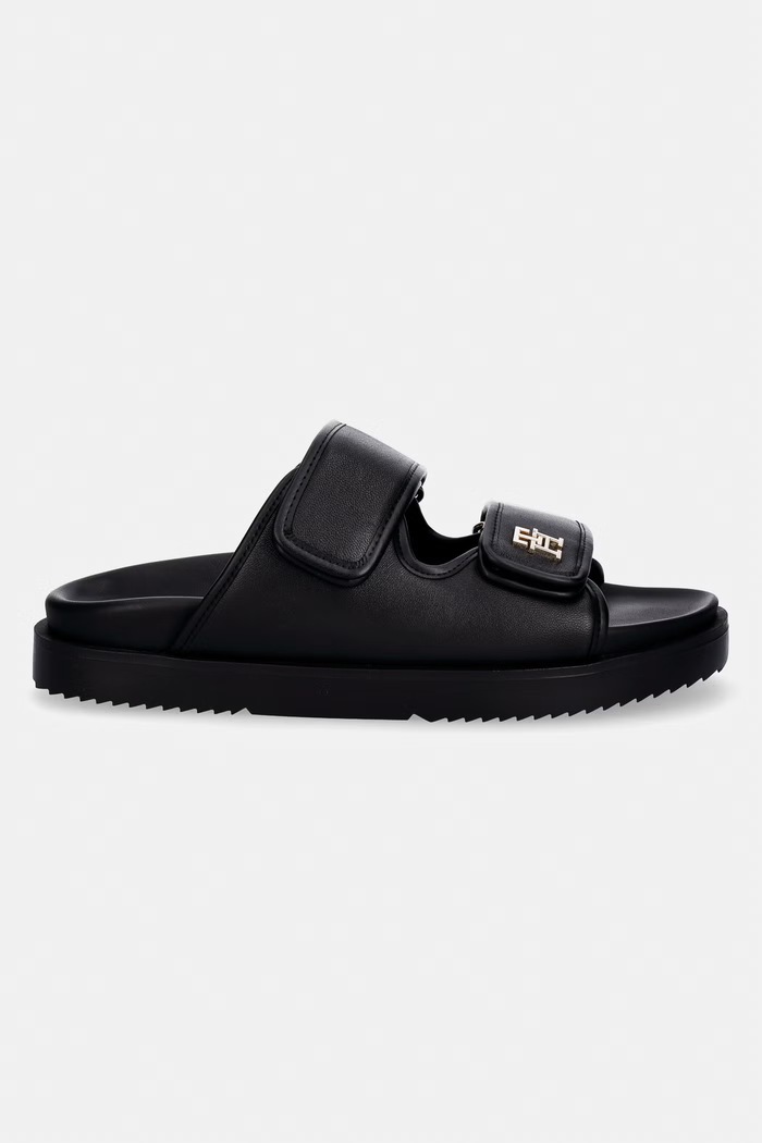 Tommy Hilfiger šľapky dámske kožené DOUBLE STRAP LEATHER SANDAL FW0FW09121 čierna SS26