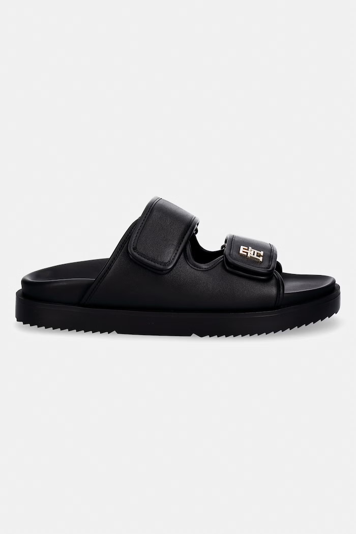 Tommy Hilfiger šľapky dámske kožené DOUBLE STRAP LEATHER SANDAL FW0FW09121 čierna SS26