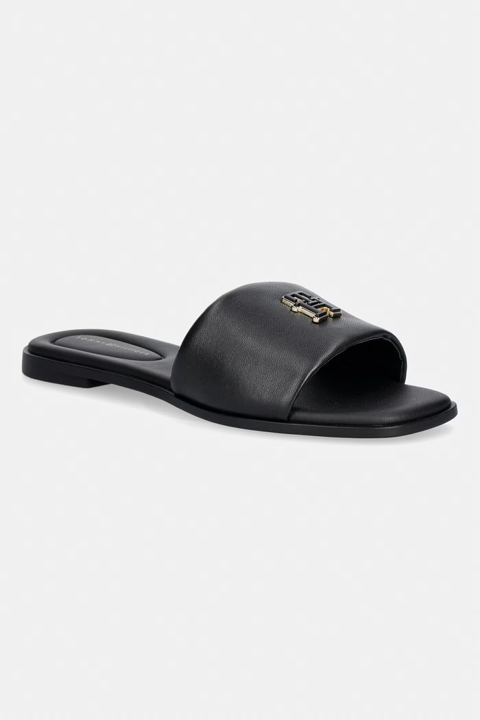 Tommy Hilfiger šľapky dámske kožené TH LOGO HARDWARE LEATHER MULE čierna FW0FW09292