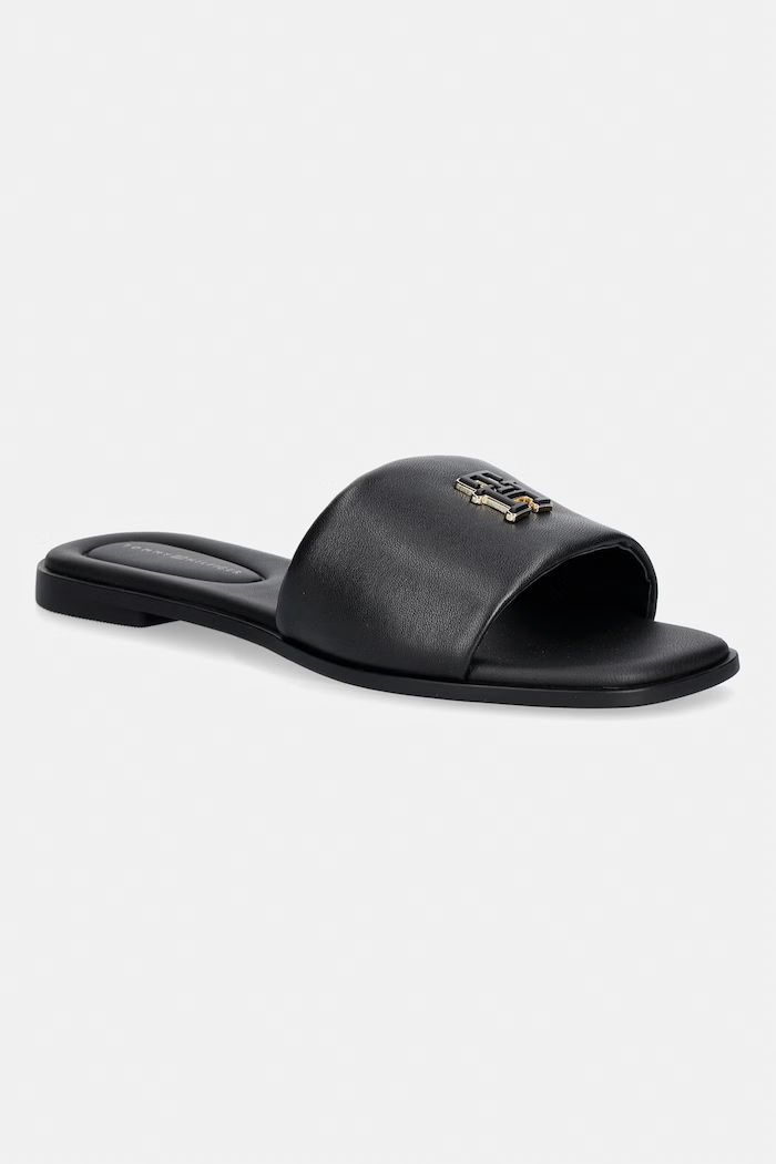 Tommy Hilfiger šľapky dámske kožené TH LOGO HARDWARE LEATHER MULE čierna FW0FW09292