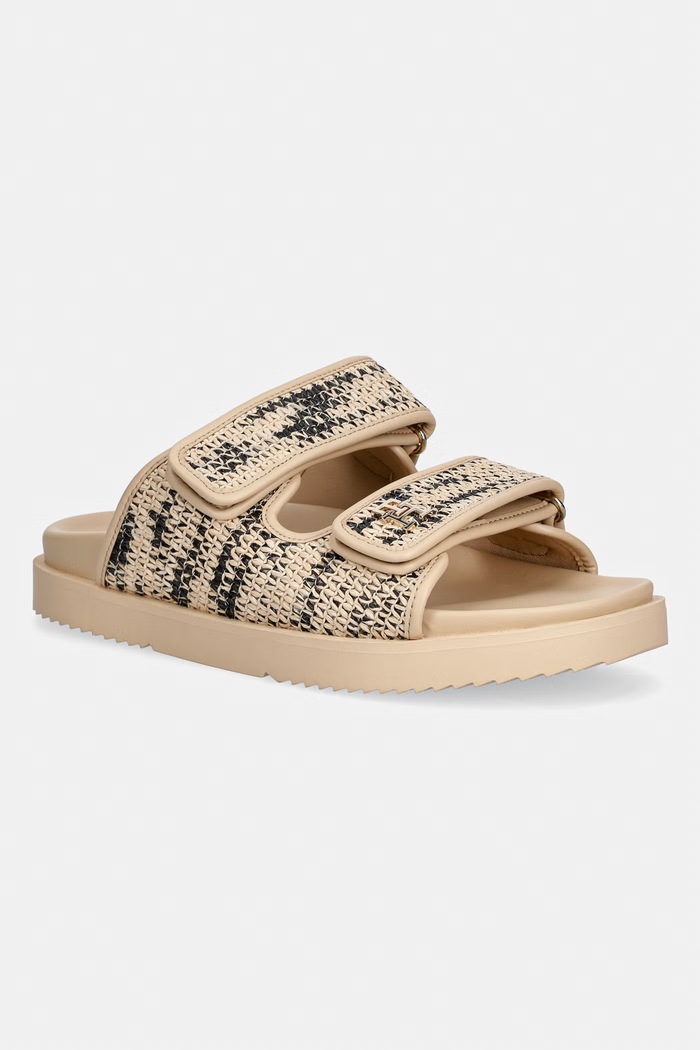 Tommy Hilfiger klapki damskie DOUBLE STRAP RAFFIA SANDAL beżowy FW0FW09122