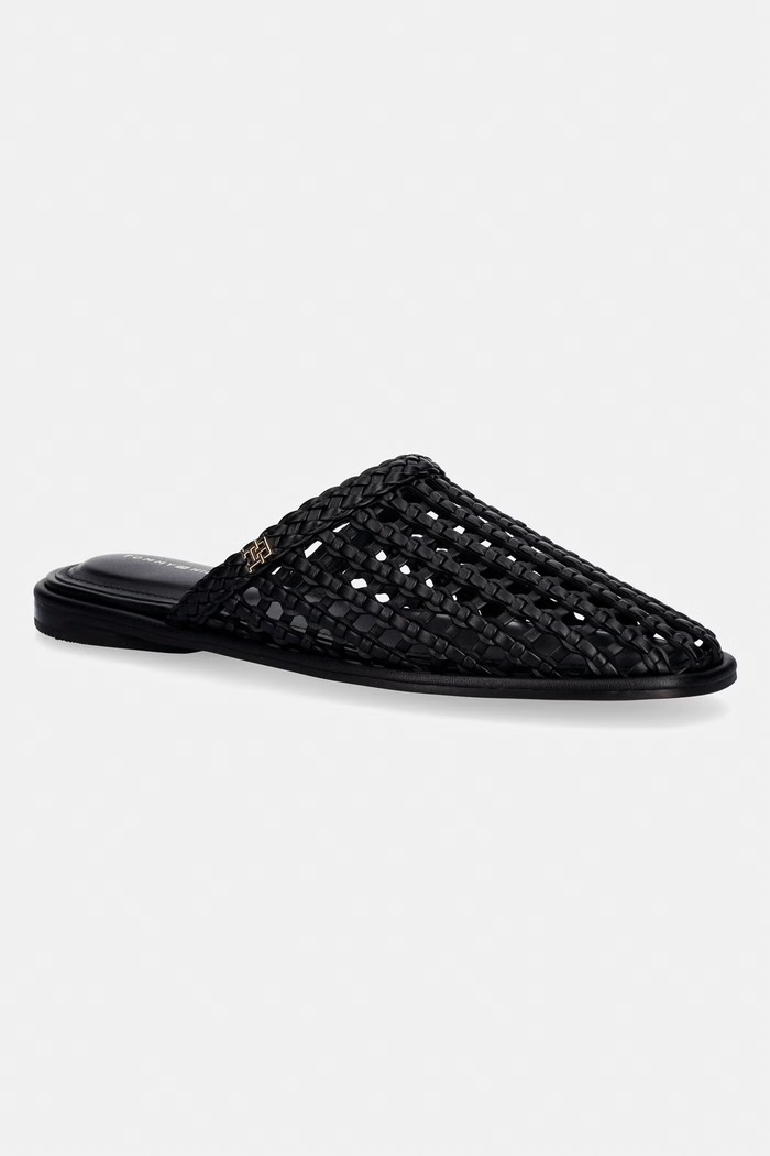 Tommy Hilfiger klapki damskie HILFIGER LEATHER MIX FLAT MULE czarny FW0FW09280