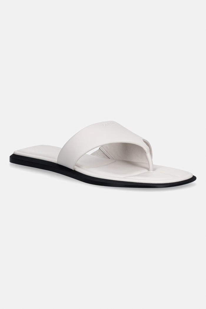Calvin Klein šľapky dámske kožené FLAT SANDAL THONG LTH béžová HW0HW02866