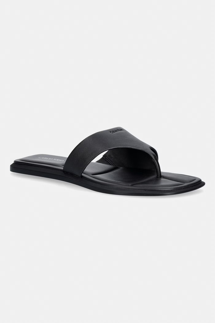 Calvin Klein šľapky dámske kožené FLAT SANDAL THONG LTH čierna HW0HW02866