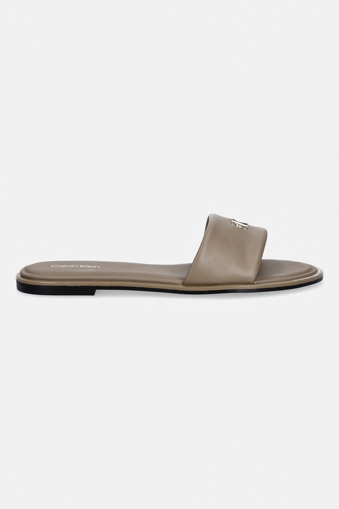 Calvin Klein šľapky dámske kožené ROUND FLAT SNDL LTH BAR HW 2 HW0HW02925 hnedá SS26