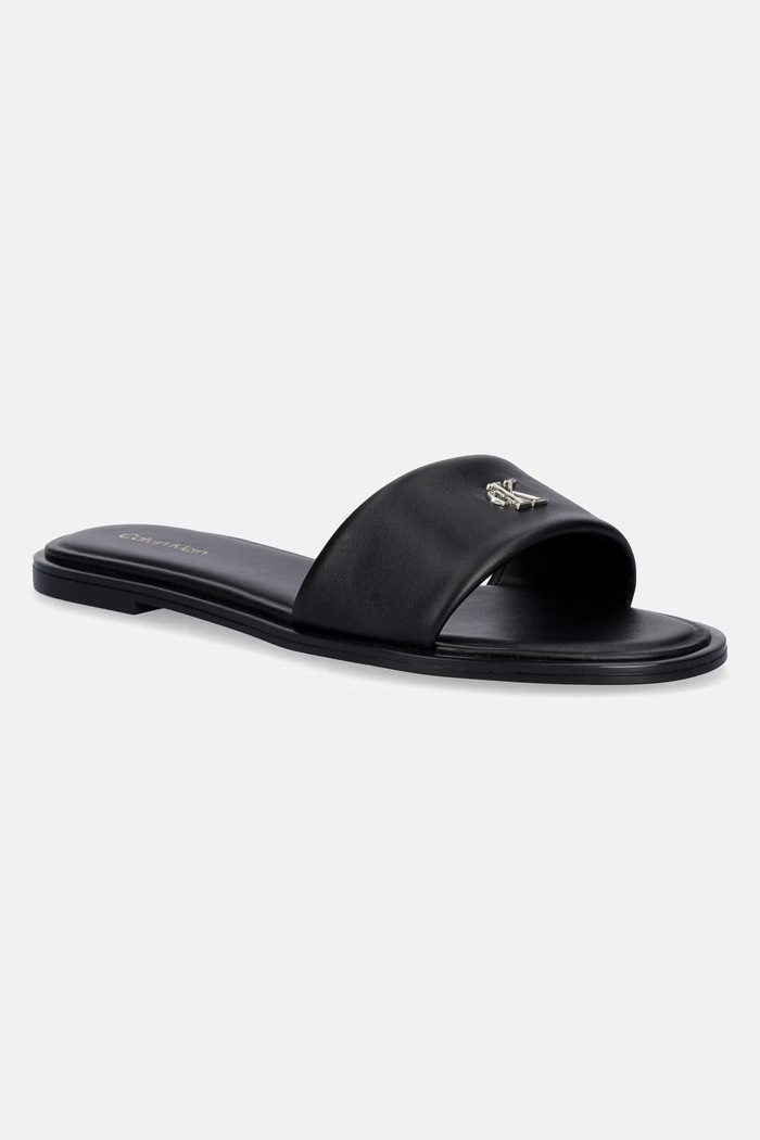 Calvin Klein klapki damskie skórzane ROUND FLAT SNDL LTH BAR HW 2 czarny HW0HW02925