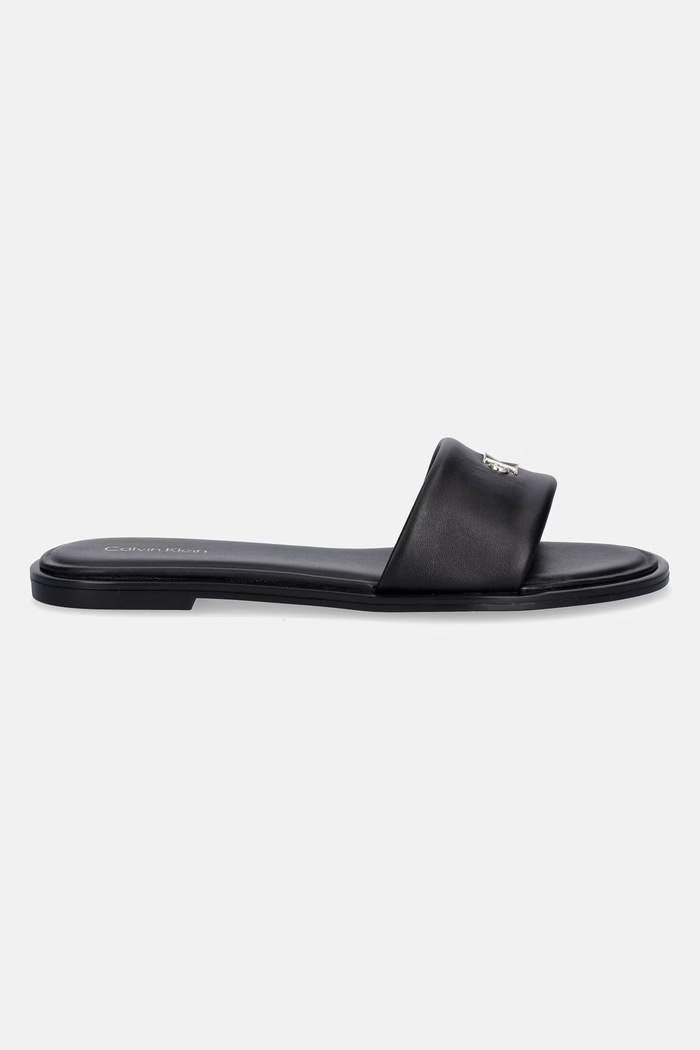 Calvin Klein klapki damskie skórzane ROUND FLAT SNDL LTH BAR HW 2 HW0HW02925 czarny SS26
