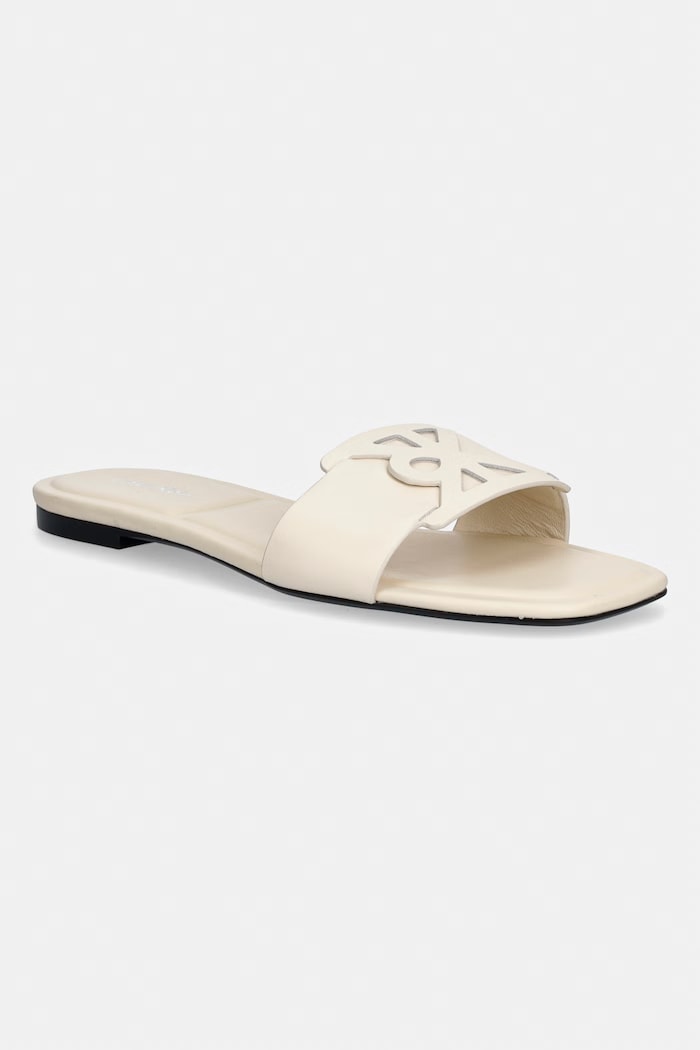 Calvin Klein papuci pentru femei, din piele SQUARE FLAT SANDAL EMBLEM bej HW0HW03128