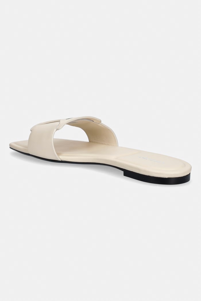 Încălțăminte Calvin Klein papuci pentru femei, din piele SQUARE FLAT SANDAL EMBLEM HW0HW03128 bej