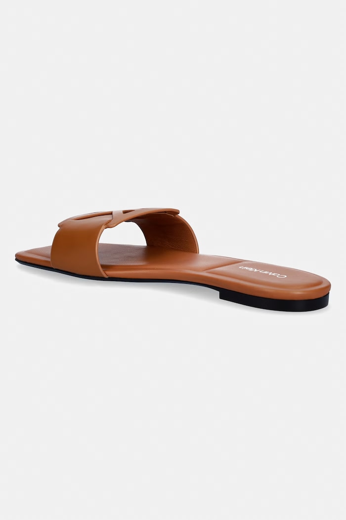 Încălțăminte Calvin Klein papuci pentru femei, din piele SQUARE FLAT SANDAL EMBLEM HW0HW03128 maro