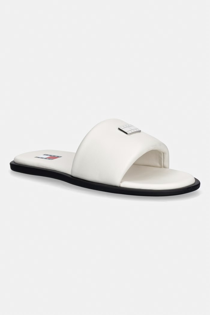 Tommy Jeans klapki na płaskim obcasie damskie skórzane TJW SOFT PADDED CASUAL SLIDE beżowy EN0EN02950