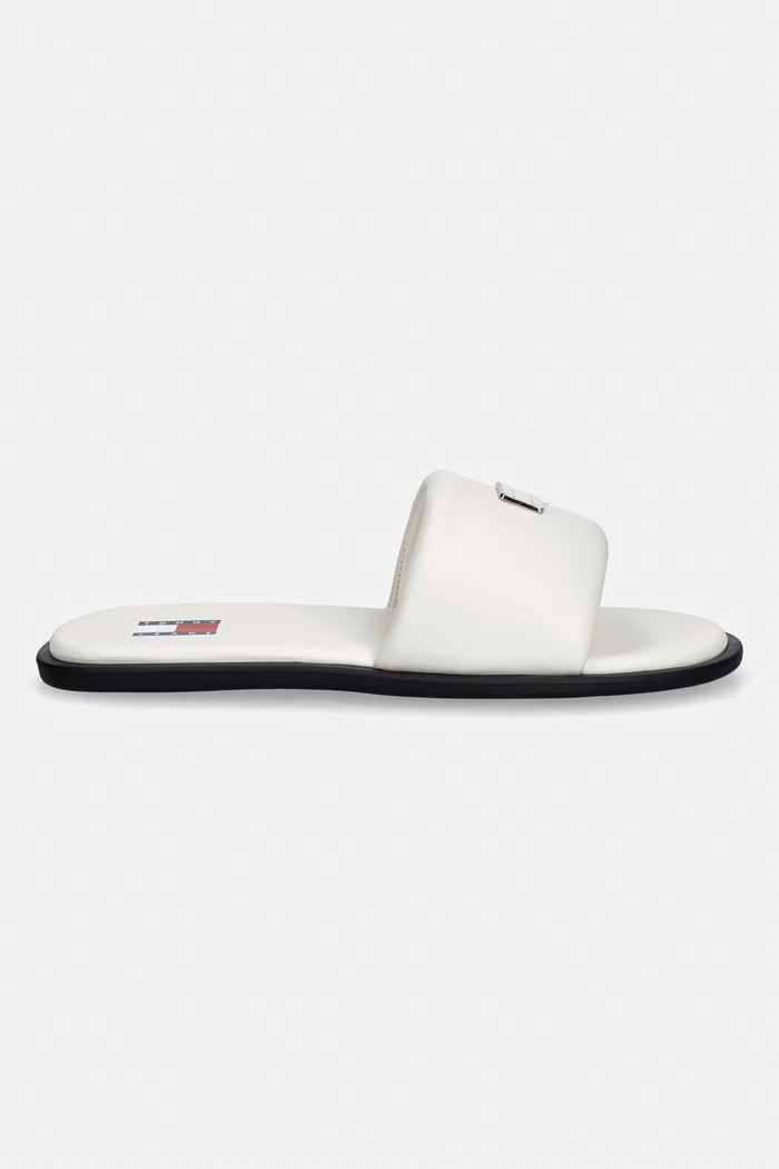 Tommy Jeans klapki na płaskim obcasie damskie skórzane TJW SOFT PADDED CASUAL SLIDE EN0EN02950 beżowy SS26