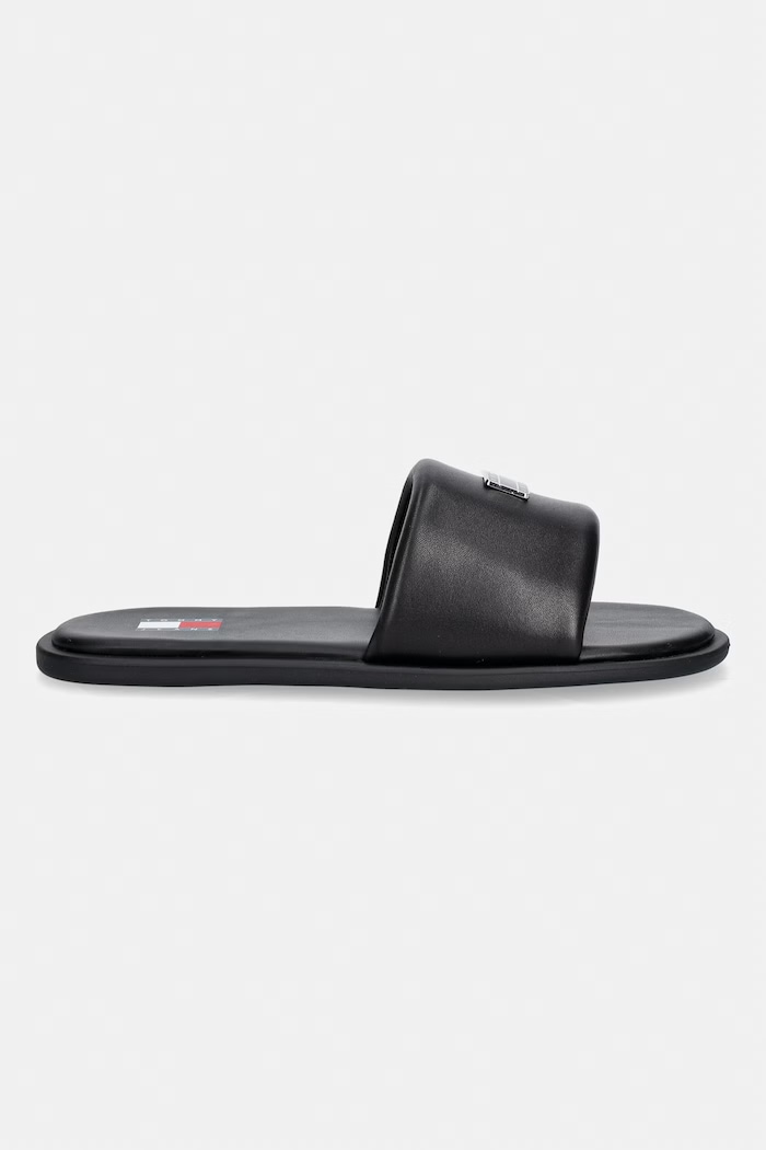 Tommy Jeans klapki na płaskim obcasie damskie skórzane TJW SOFT PADDED CASUAL SLIDE EN0EN02950 czarny SS26