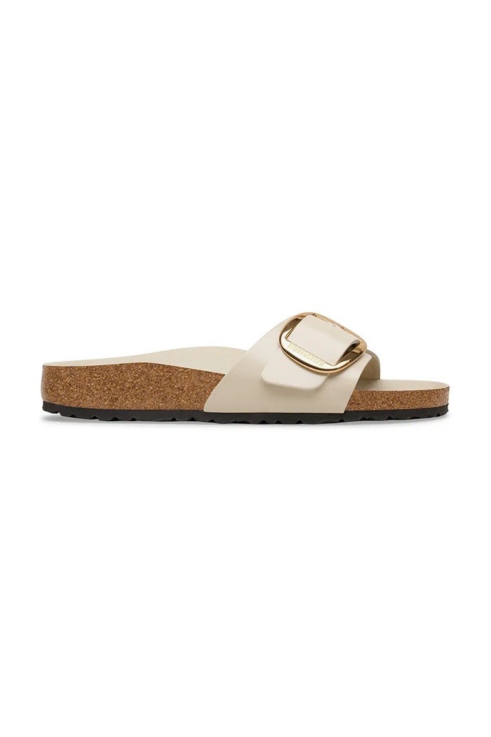Birkenstock klapki na płaskim obcasie damskie skórzane Madrid Big Buckle płaski beżowy 1031823