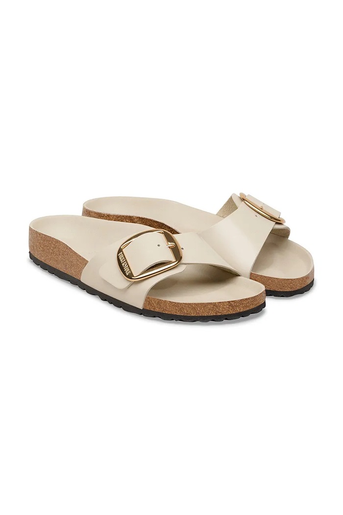 Obuwie Birkenstock klapki na płaskim obcasie damskie skórzane Madrid Big Buckle 1031823 beżowy