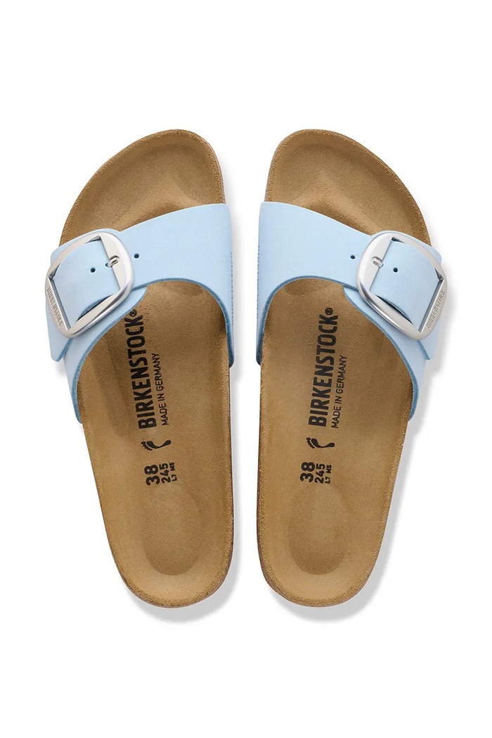 Birkenstock klapki na płaskim obcasie damskie skórzane Madrid Big Buckle 1031837 niebieski
