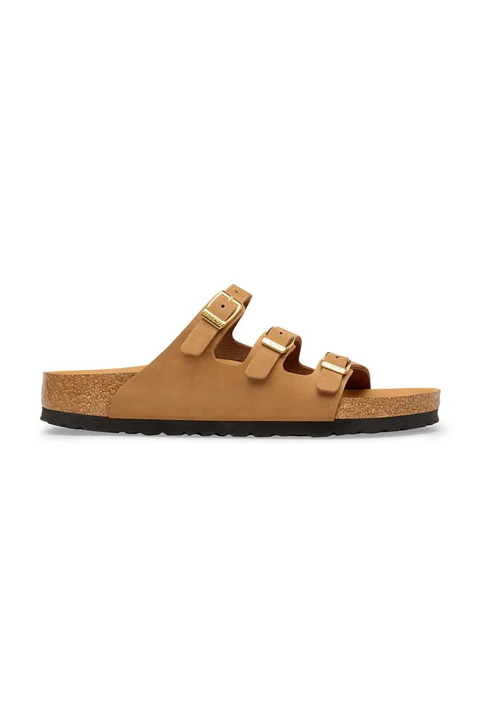 Birkenstock klapki na płaskim obcasie damskie nubukowe Florida płaski brązowy 1031867.N