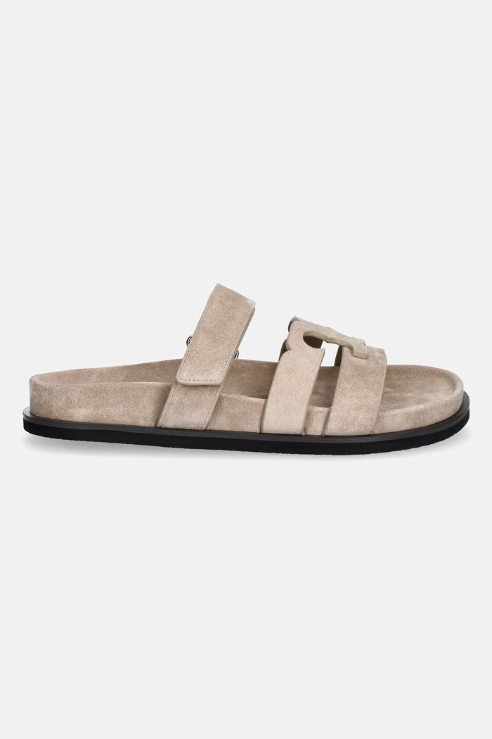 Tory Burch šľapky na plochom podpätku dámske semišové Ines Sport Slide 163481.256 béžová SS26