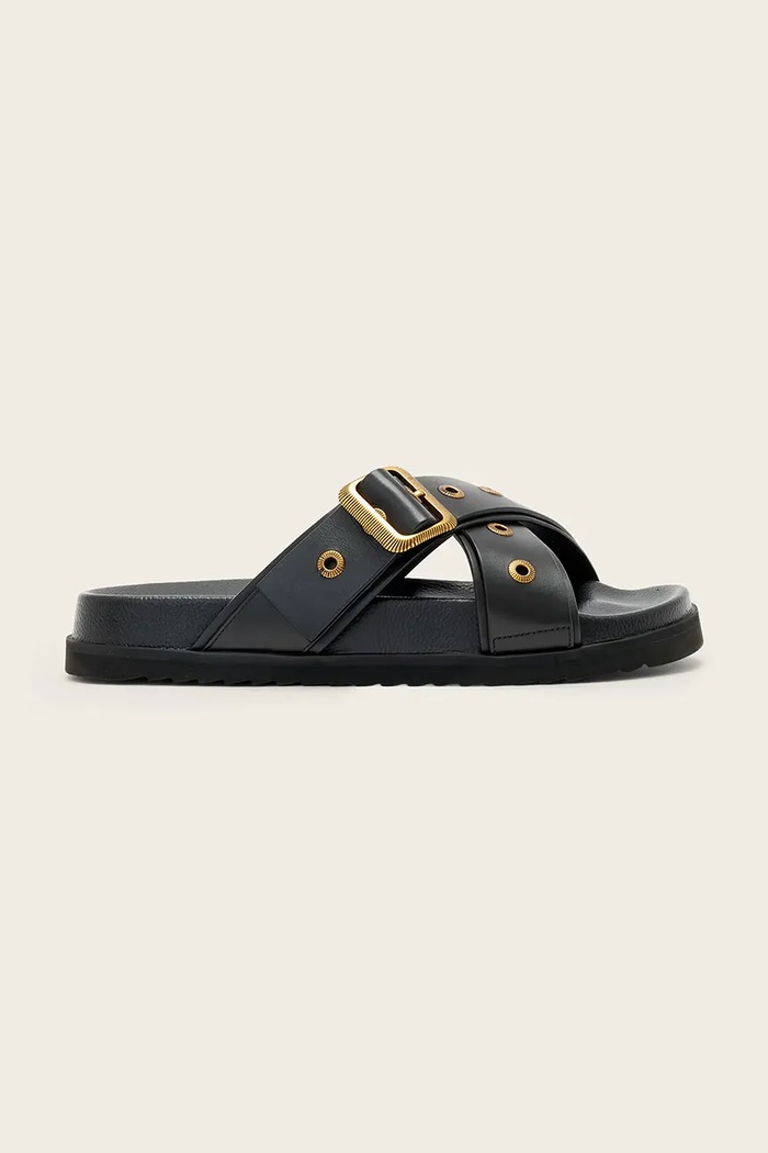 AllSaints ciabatte slide in pelle Suki Western Sandal pelle fiore nero W042FE.BLK