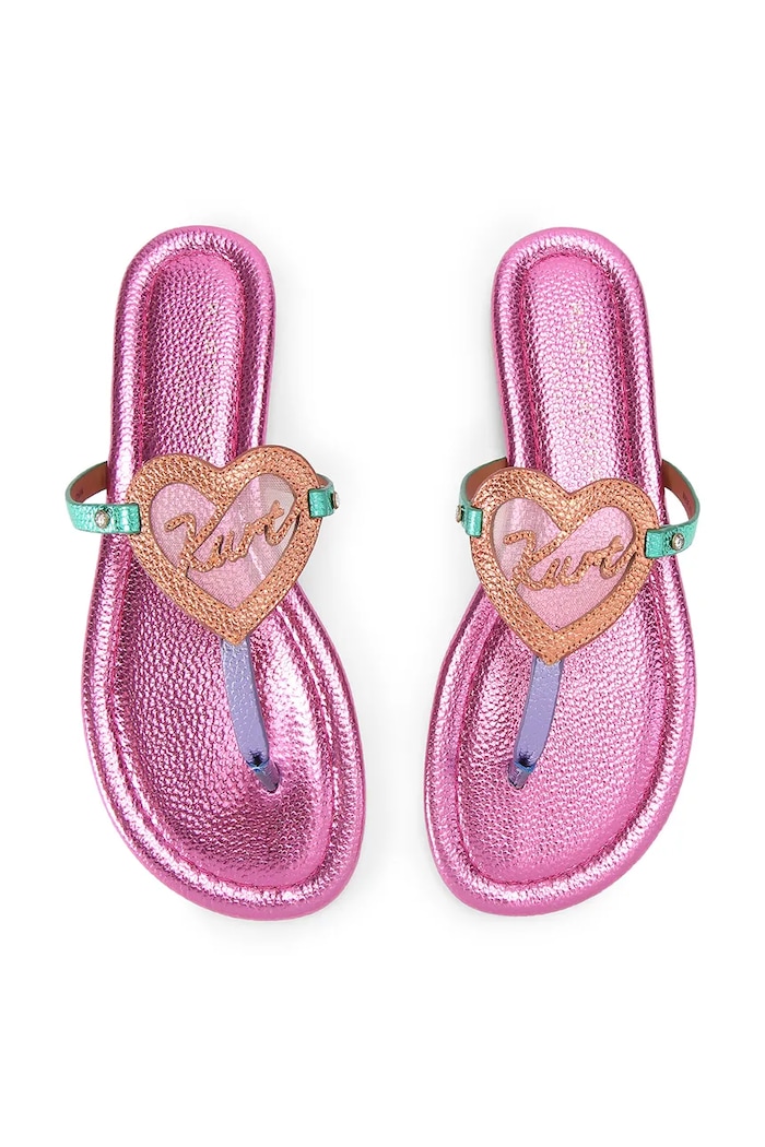 Kurt Geiger London чехли дамски от кожа Kurt Heart T Bar Flat 5611769189 розов SS26