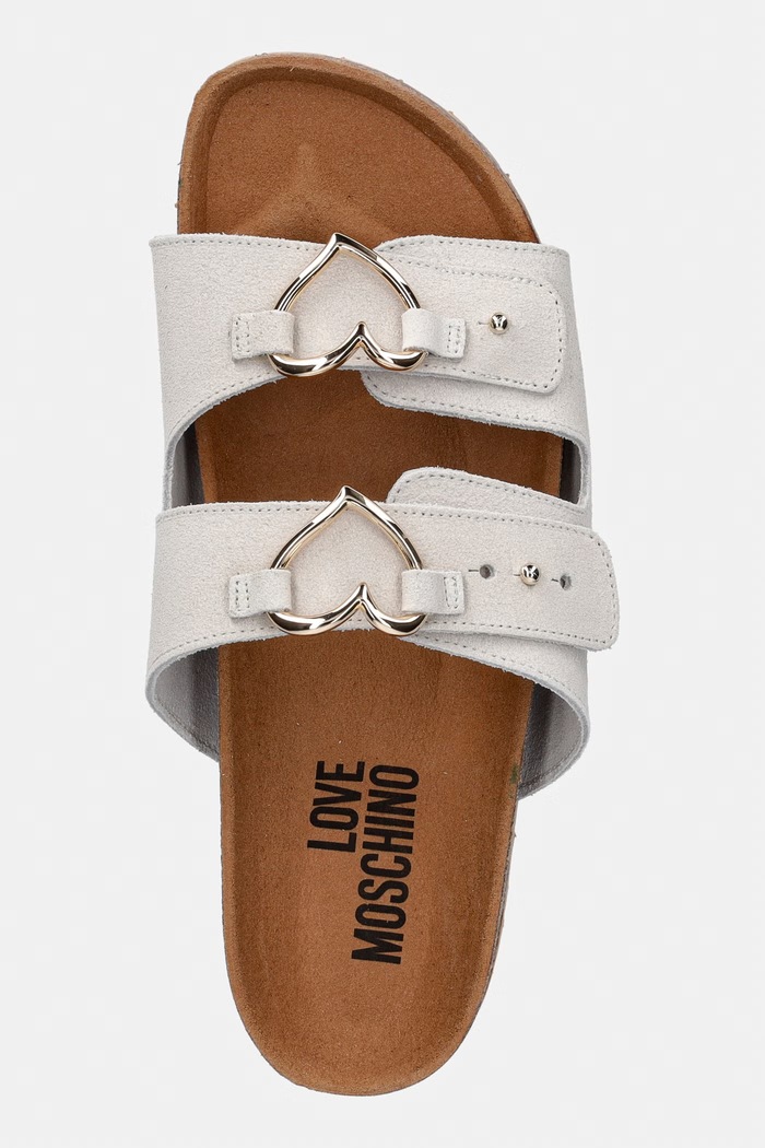 Love Moschino klapki na płaskim obcasie damskie zamszowe beżowy JA28173G0OIG5110