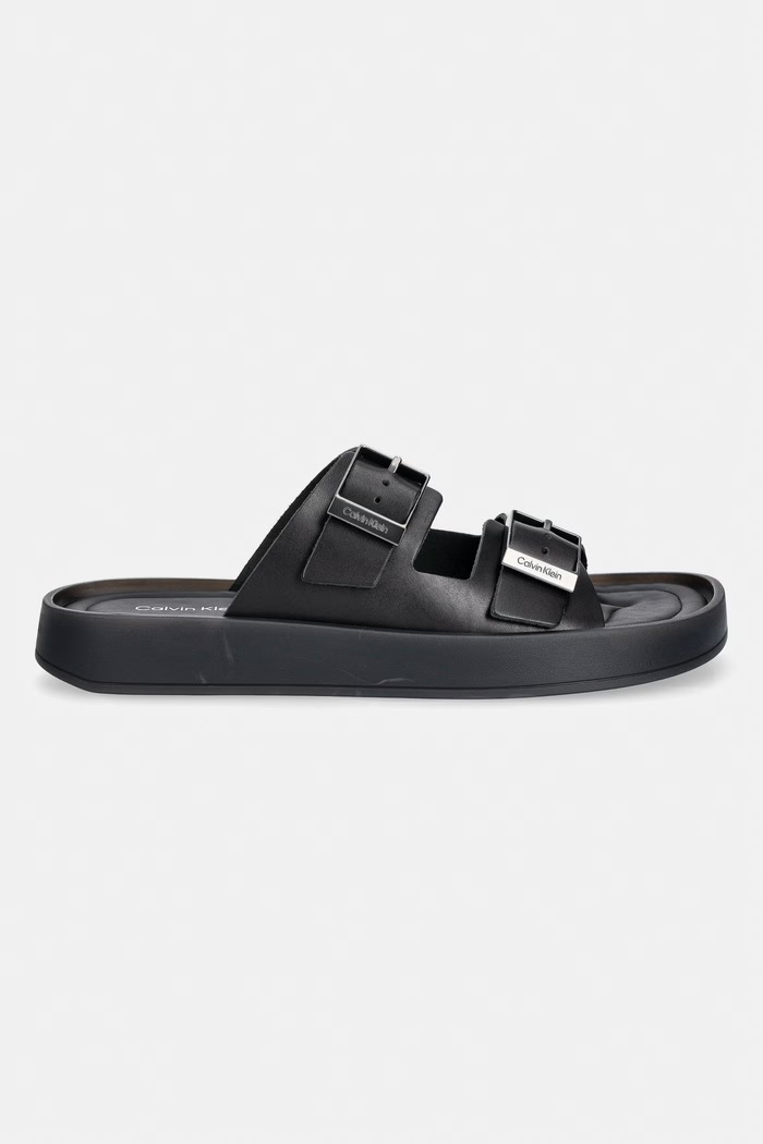 Calvin Klein šľapky pánske kožené ERGON DOUBLE BAR SANDAL LTH HM0HM02097 čierna SS26