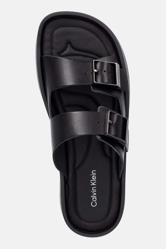 Calvin Klein šľapky pánske kožené ERGON DOUBLE BAR SANDAL LTH čierna HM0HM02097
