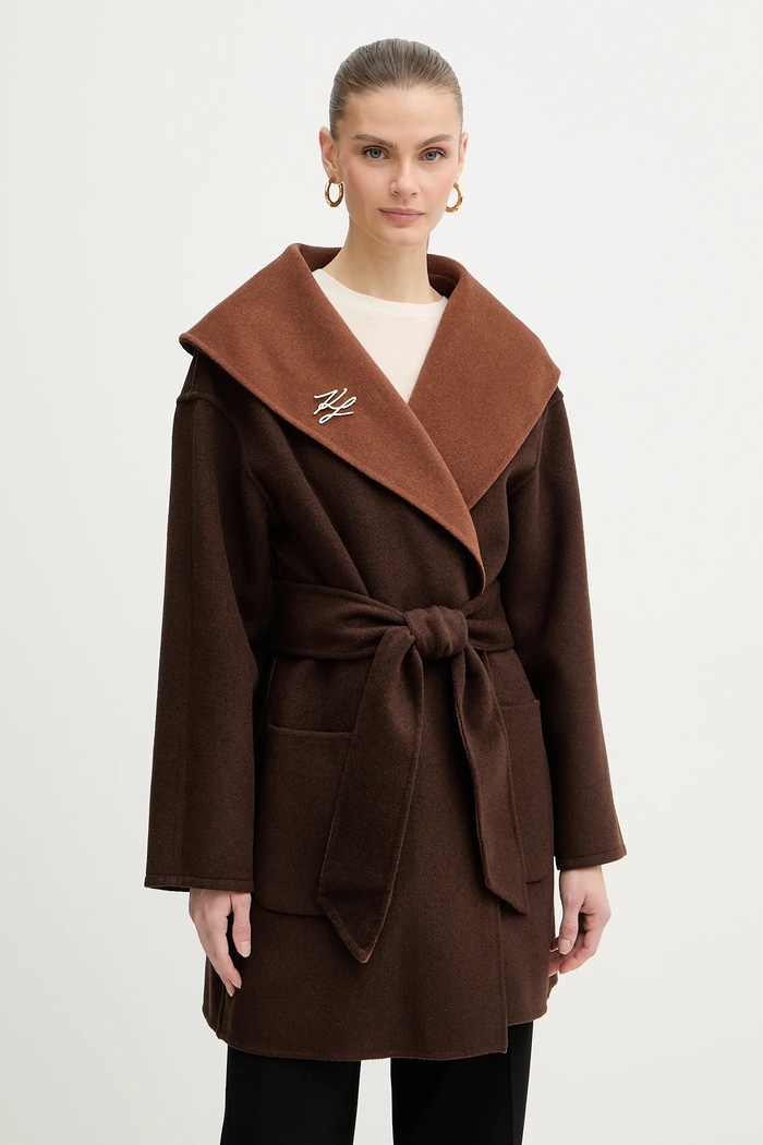 Obojstranný kabát z vlnenej zmesi Karl Lagerfeld B1W15038 hnedá SS26