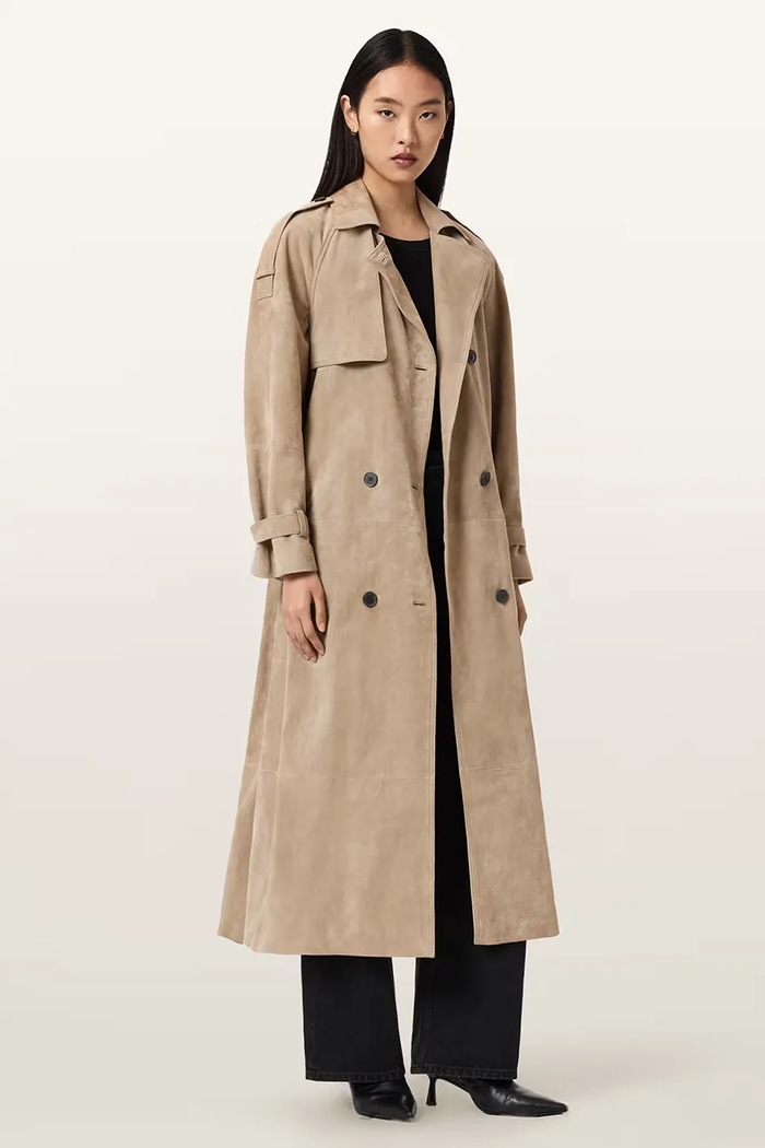 Oblečenie AllSaints trenčkot dámsky semišový REED SUEDE W005LE béžová