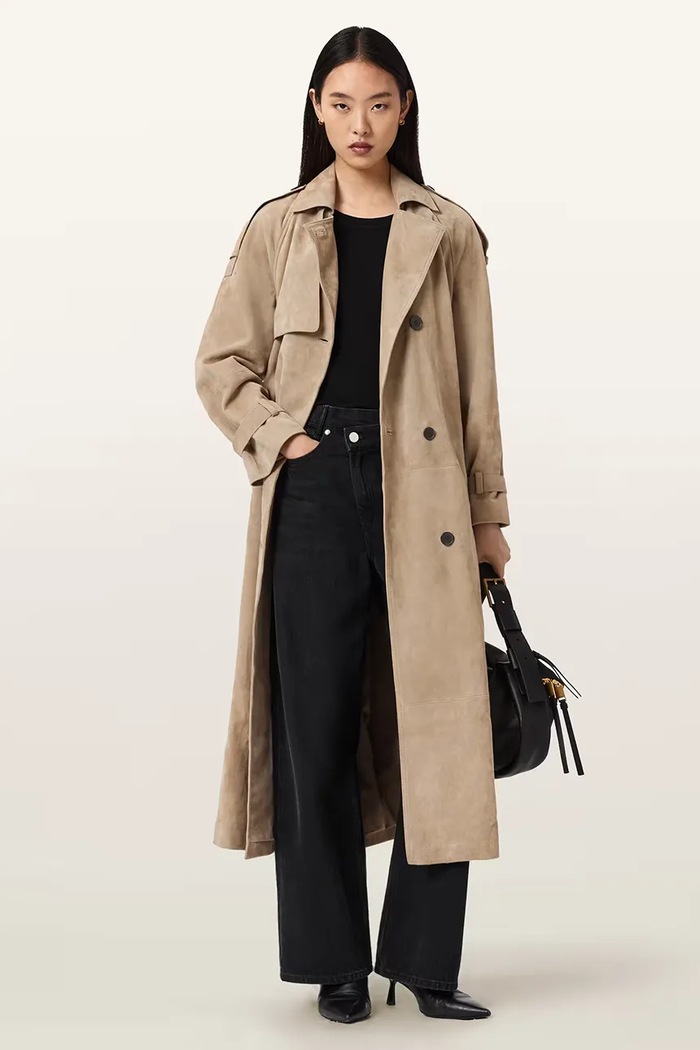 AllSaints trenčkot dámsky semišový REED SUEDE W005LE
