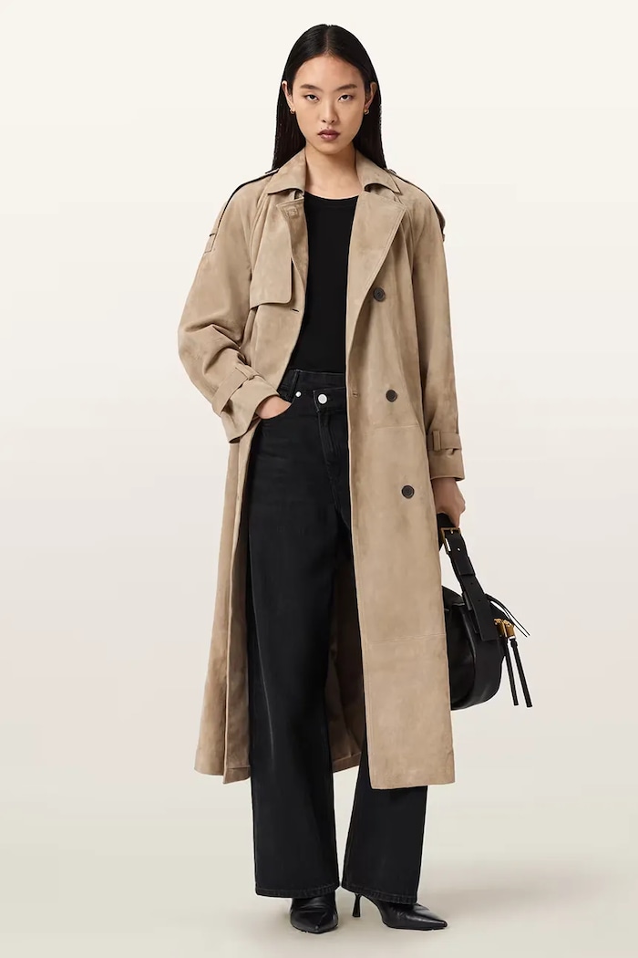 AllSaints trenčkot dámsky semišový REED SUEDE W005LE