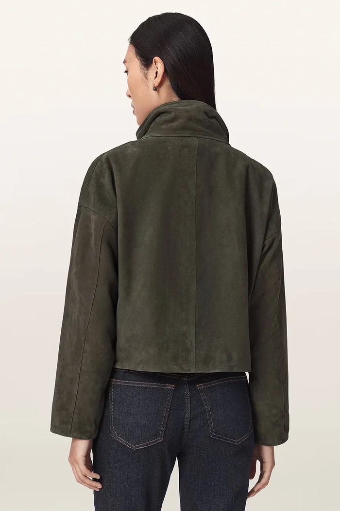 AllSaints Krótka kurtka damska skórzana W092LD zielony SS26