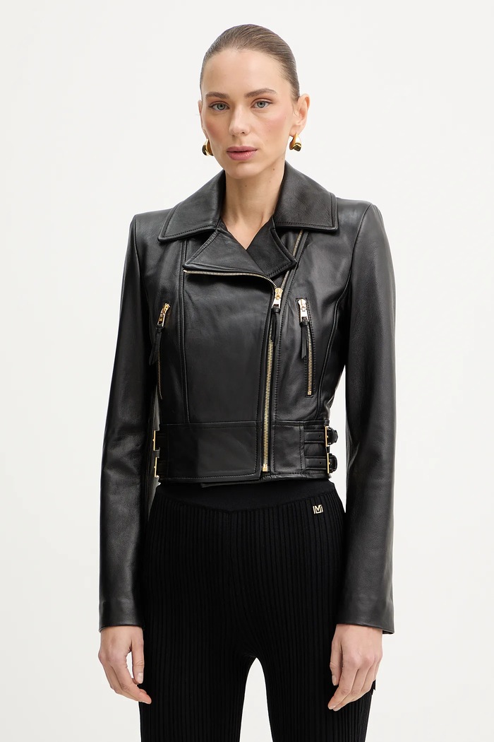 Usnjena biker jakna Elisabetta Franchi S podlogo črna GD57Z61E2