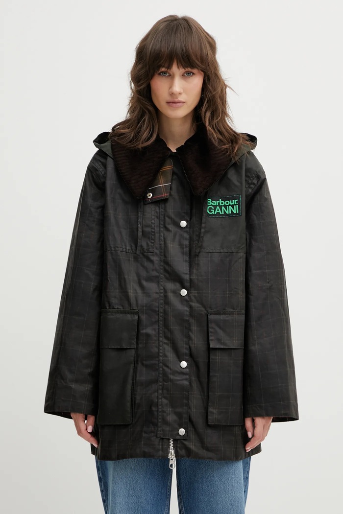 Barbour jacket x Ganni Hooded Tartan Duffle Wax with green LWX1528TN11