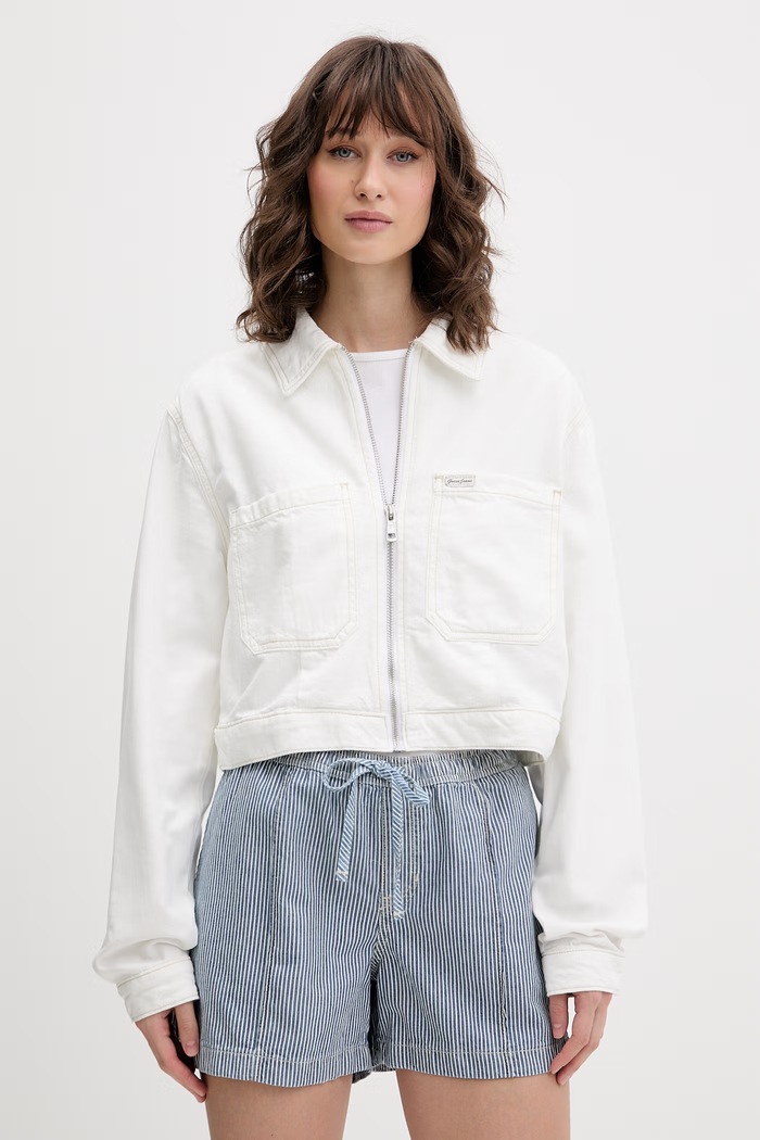 Guess Jeans džínsová bunda dámska s bavlnou biela W6GN11.D5NW2