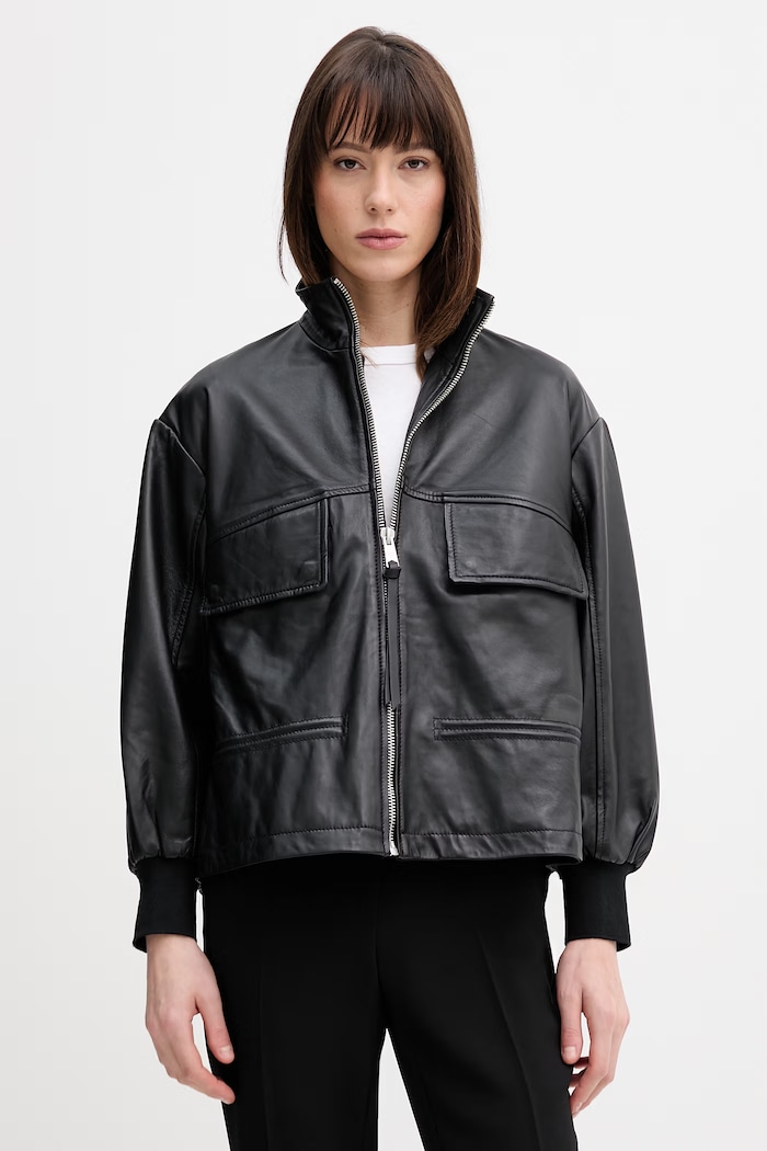 Kožená bunda bomber AllSaints FLOR oversize čierna W042LE