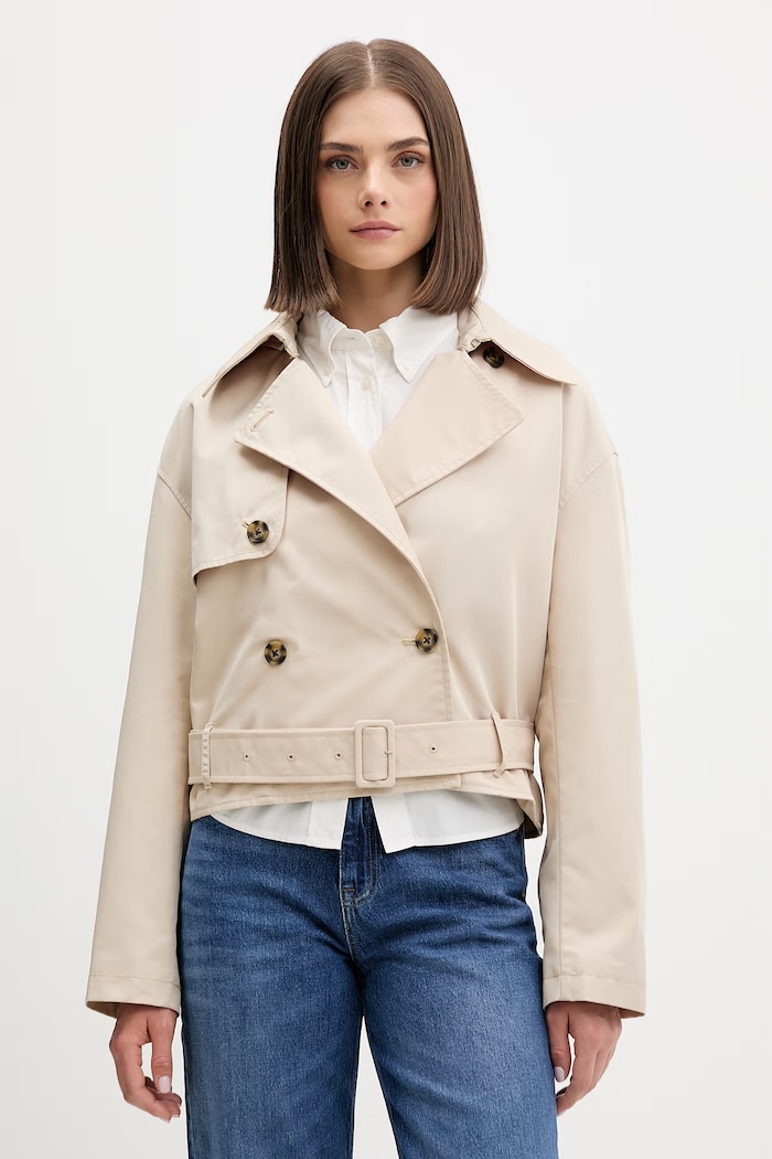 Tommy Jeans krótki trencz damski z bawełną beżowy DW0DW22322