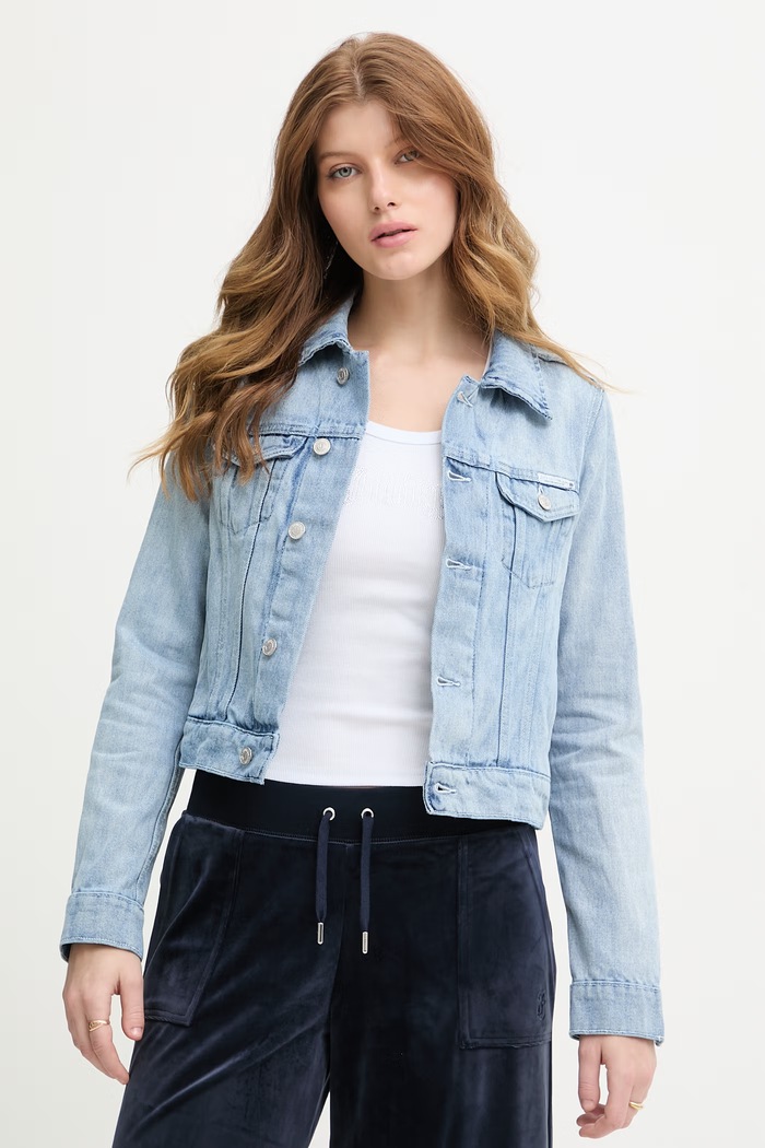 Juicy Couture kurtka jeansowa damska bawełniana DIAMANTE CROPPE niebieski JCDIJ126957
